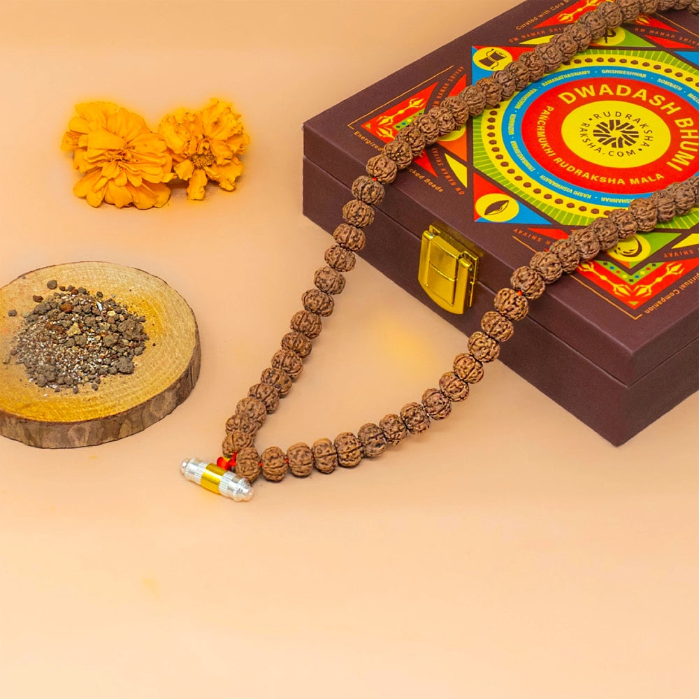 Dwadash Bhumi Panchmukhi Rudraksha Mala with soil of 12 Jyotirlingas in the locket