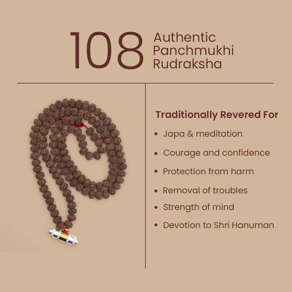 Hanumat Kavach Rudraksha Mala is traditionally for japa, courage, strength, and devotion to Shri Hanuman.