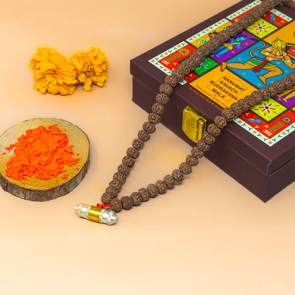 Hanumat Kavach Rudraksha Mala with Sindoor of Sankatmochan Mandir of Kashi in the locket