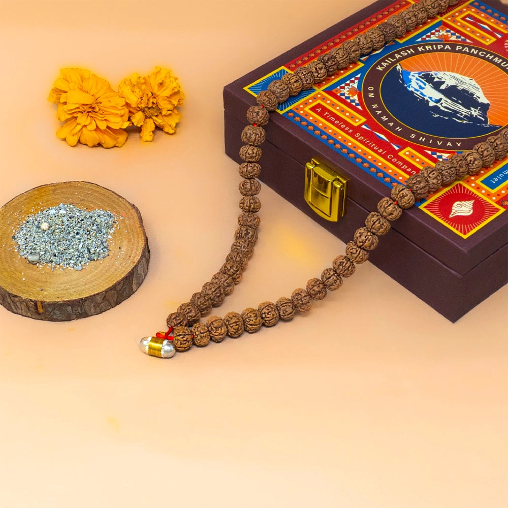 Kailash Kripa Panchmukhi Rudraksha Mala with soil of Mount Kailash region in the locket