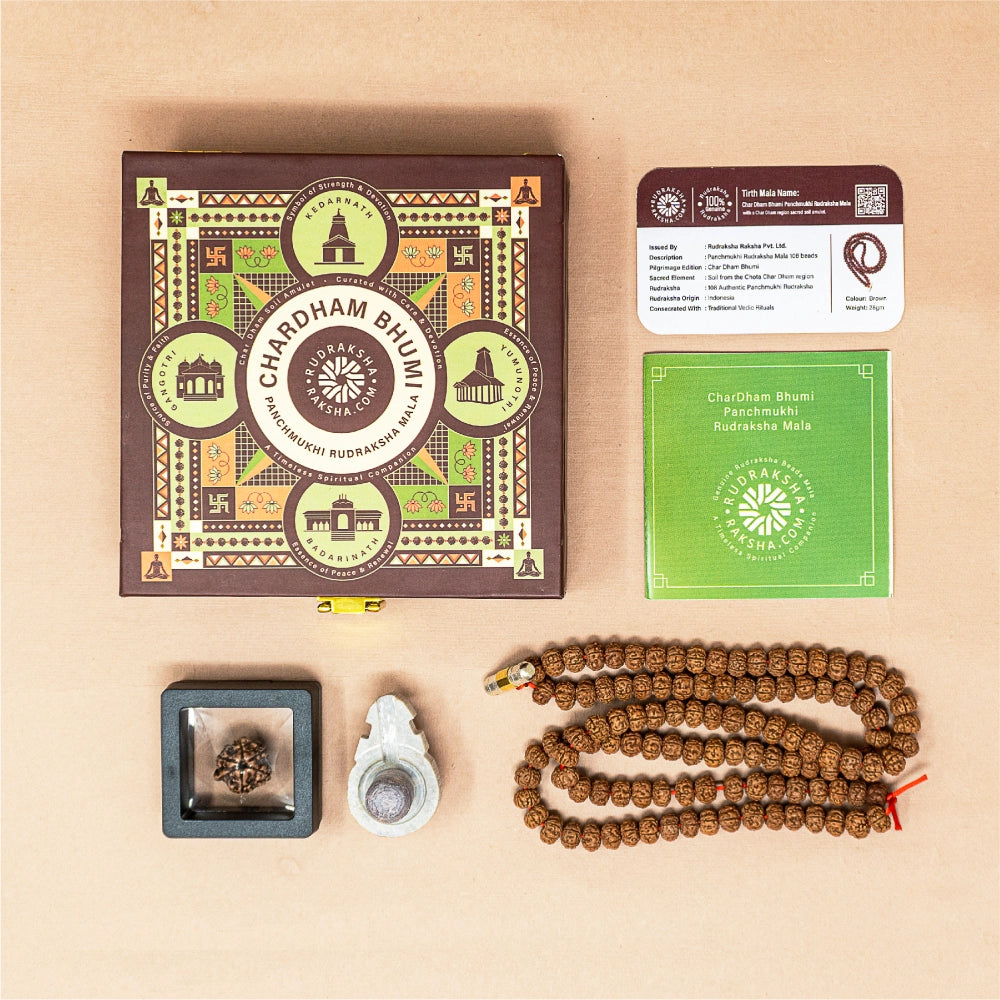 Chardham Bhumi Rudraksha Mala with Box Items