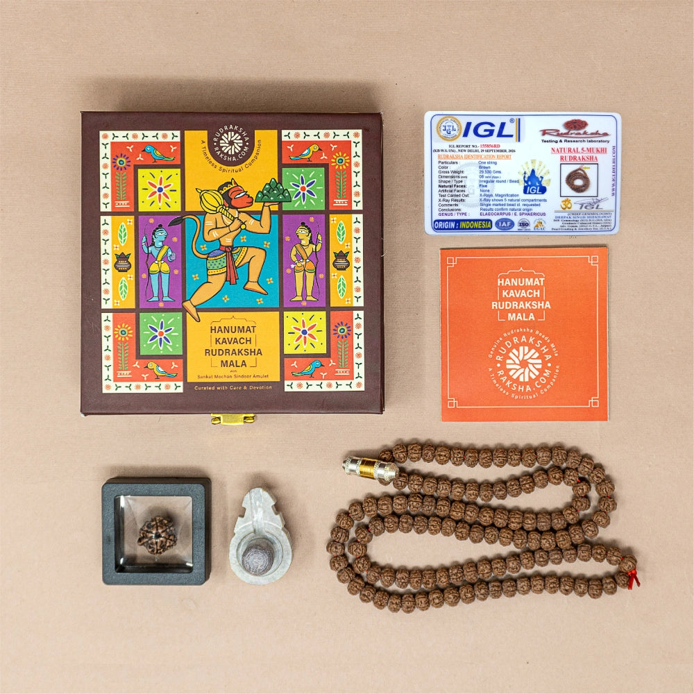 Hanumat Kavach Rudraksha Mala box with Ganesh Rudraksha, Kashi Shivling and Lab Certificate