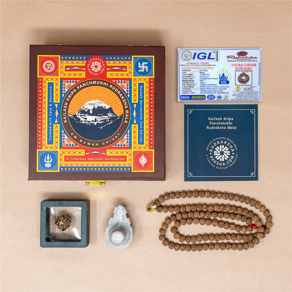 Kailash Kripa Panchmukhi Rudraksha Mala with Ganesh Rudraksha, Kashi Shivling and Lab Certificate