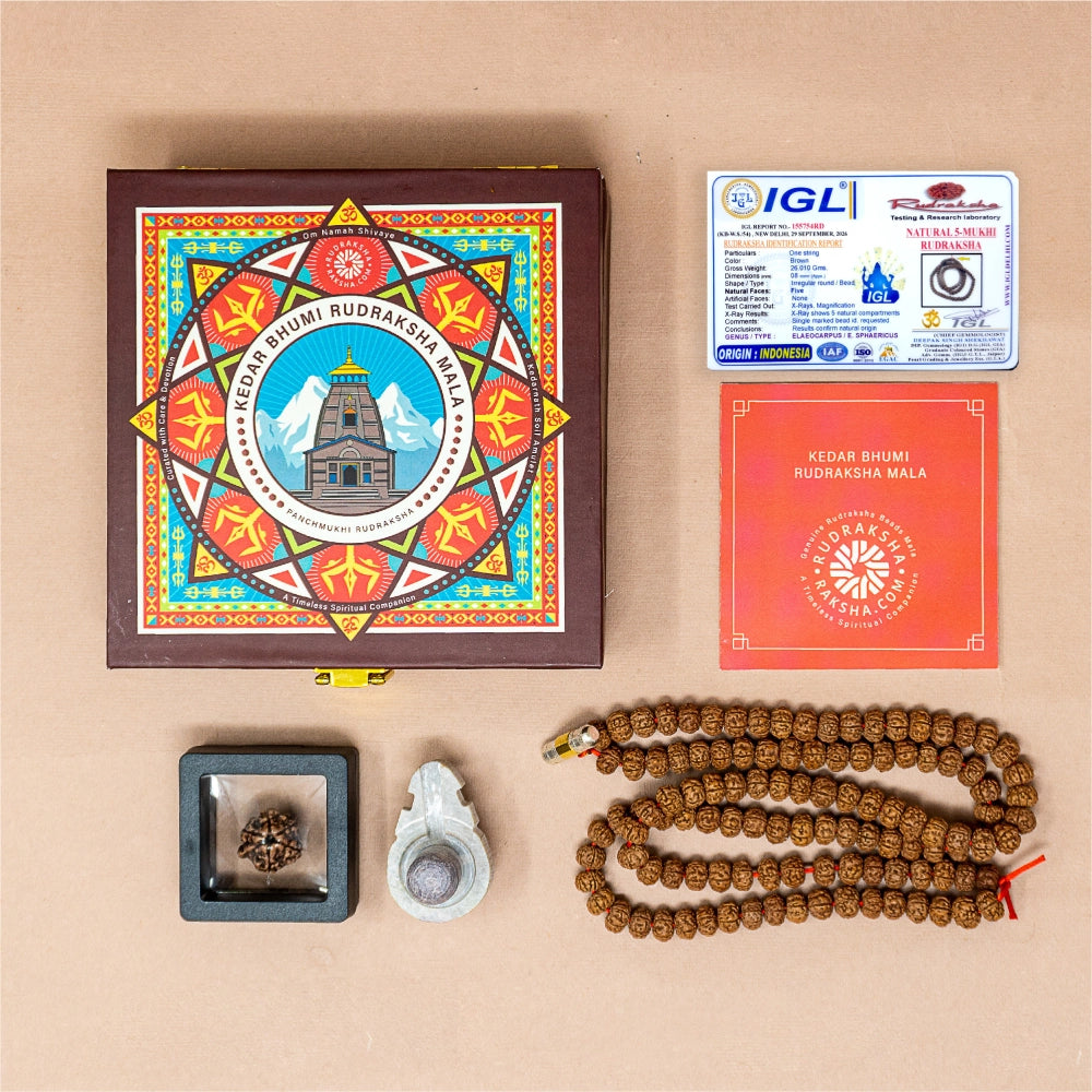 Kedarnath Bhumi Rudraksha Mala with Ganesh Rudraksha, Kashi Shivling, and Lab Certificate