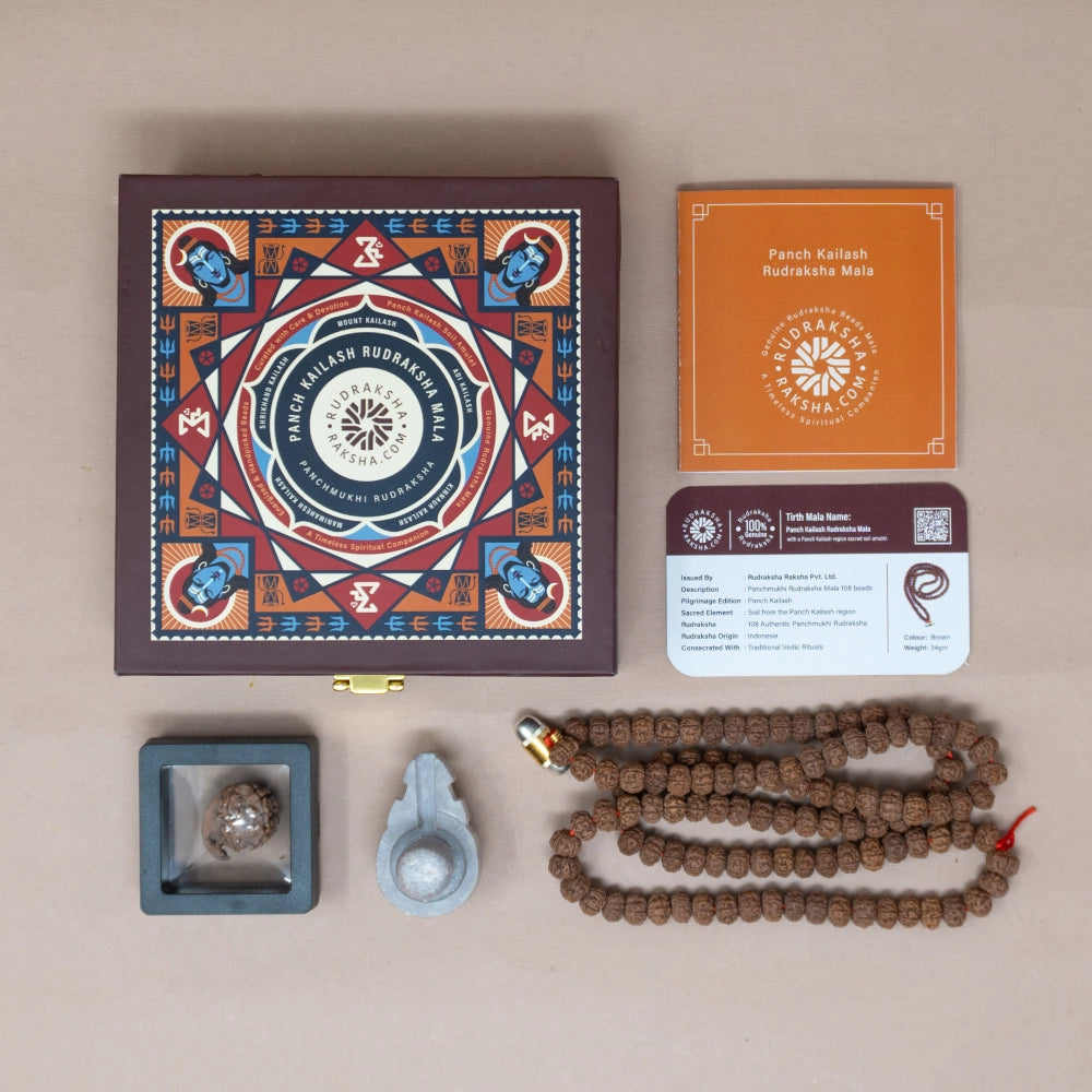 Panch Kailash Rudraksha Mala box with items