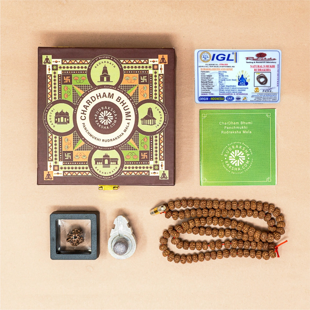 Chardham Bhumi Panchmukhi Rudraksha Mala with Ganesh Rudraksha, Kashi Shivling and Lab Certificate