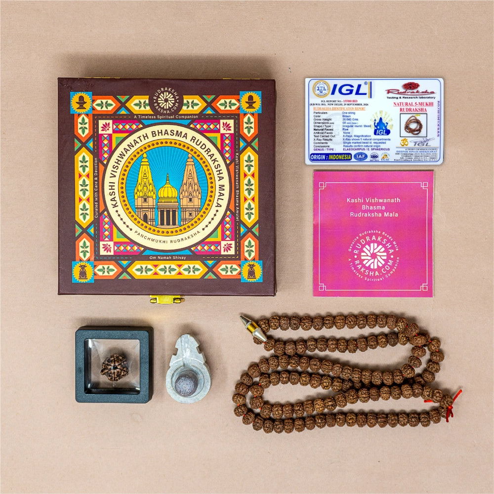 Kashi Vishwanath Bhasma Rudraksha Mala with Ganesh Rudraksha, Kashi Shivling, and Lab Certificate